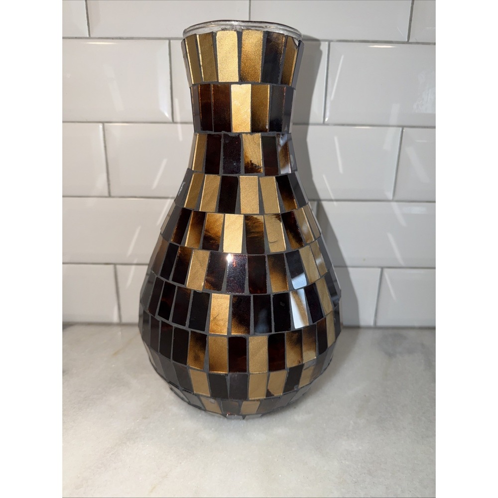 Vintage Mosaic Glass Tile Vase- 12 In Brown/golds AS007‎